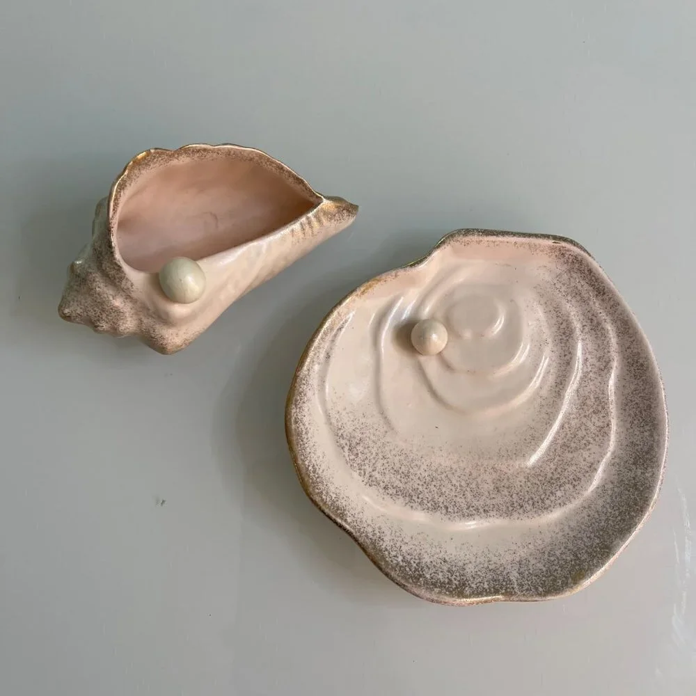 Vintage Set Of Two Bowl Planter Ceramic Shell And Pearl Trinket Pink Gold